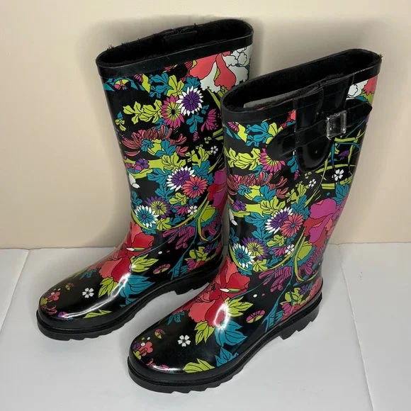 Sackroots Rhythm rainboot floral pattern, fleece‎ lining, mid calf, Sz 8, women,