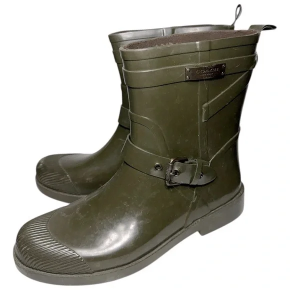 Coach Women’s Size 9 Fatigue Army Green Lester Shiny Rubber Rain Water Boots