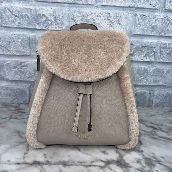 Kate Spade Leila Medium Flap Backpack Faux Shearling In Light Sand