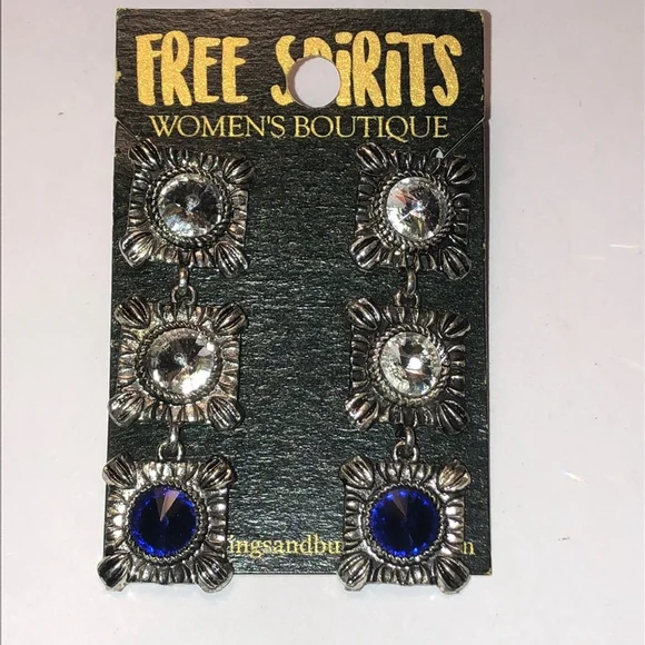 Free Spirit Silver Tone Boho Dangling Blue Clear CZ Rhinestones Earrings