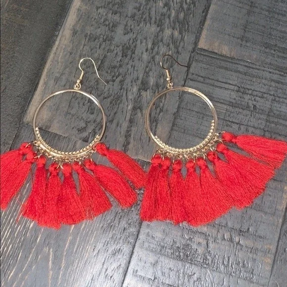 Red Tassel Hoop Earrings Gold Tone Boho Statement Fringe Dangle Drop Earrings