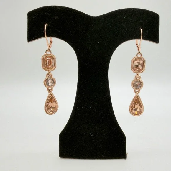 Givenchy Rose Gold Tone Champagne Crystal Triple Drop Lever Back Earrings