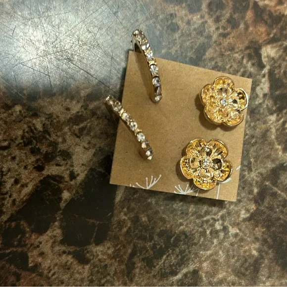 Gold tone Flower Earrings with rhinestone accents set of two pairs