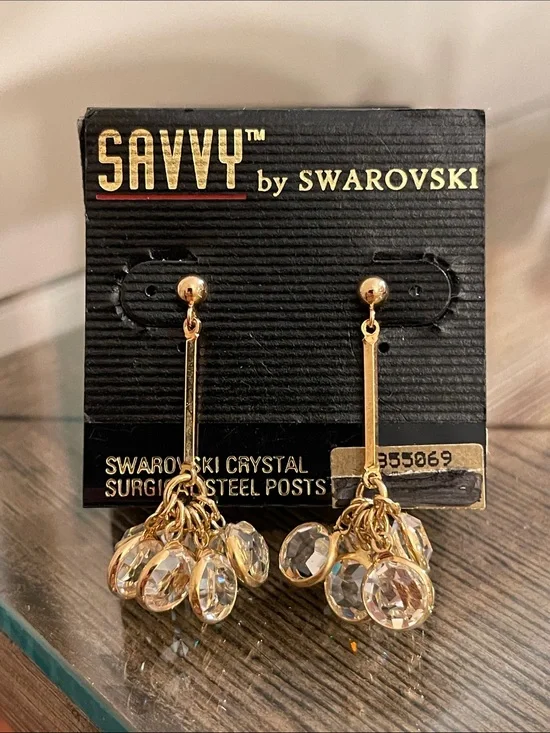 Vintage Savvy by Swarovski gold-tone stick drop earrings w/ clustered crystals