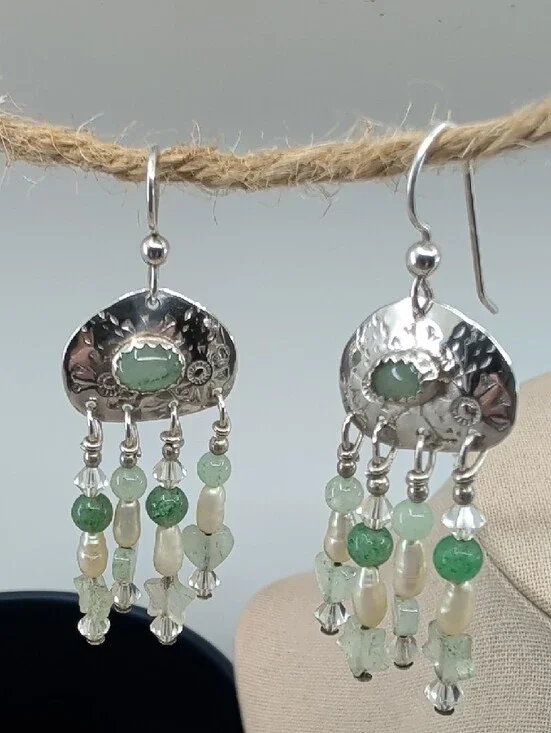 Vintage Hand-Hammered Artisan Silver Green Beaded Chandelier Drop Earrings