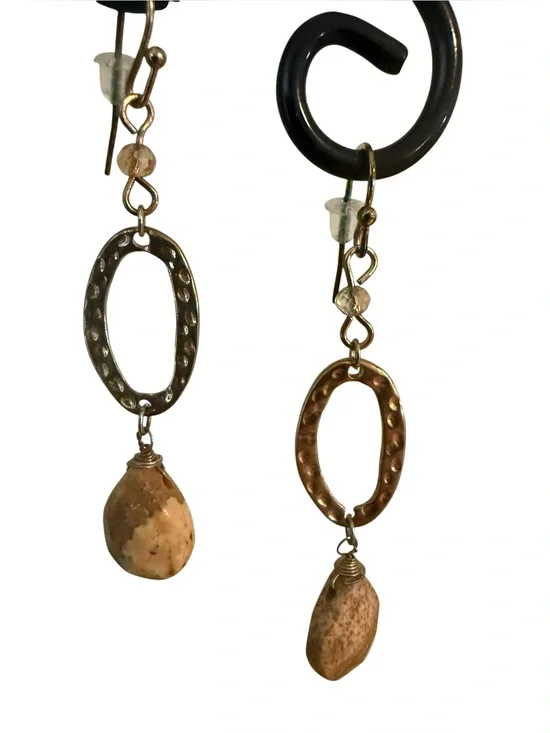 Handcrafted Artisan Hammered Gold Oval Drop Earrings Natural Stone Pendant