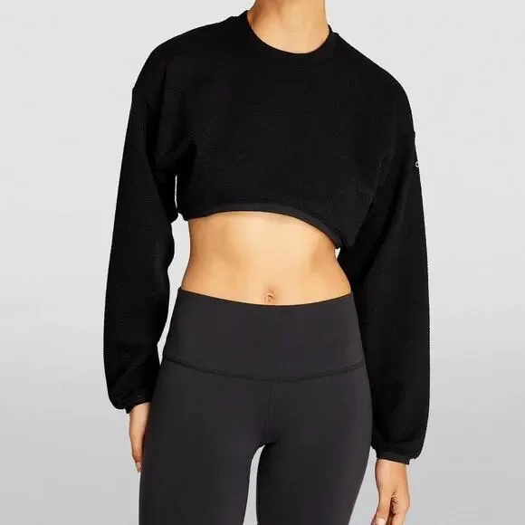 Alo Yoga Cropped Tailored Sweatshirt Crewneck Pullover Black Athleisure Large