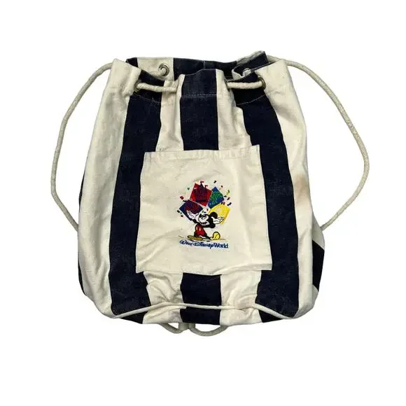 Disney VTG Y2K Embroidered Striped Canvas Drawstring Cinch Sack Bucket Backpack