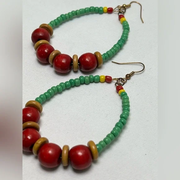 Handmade Wooden Beaded Hoops in Red, Gold, & Green