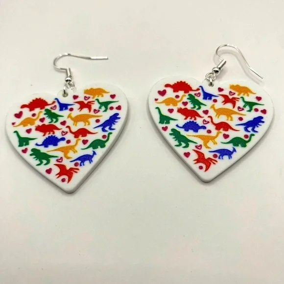 NWT - White Heart with Colorful Dinosaurs & mini hearts - acrylic earrings