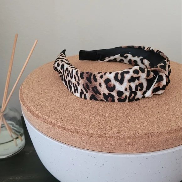 Satin wrapped knotted headband, leopard print