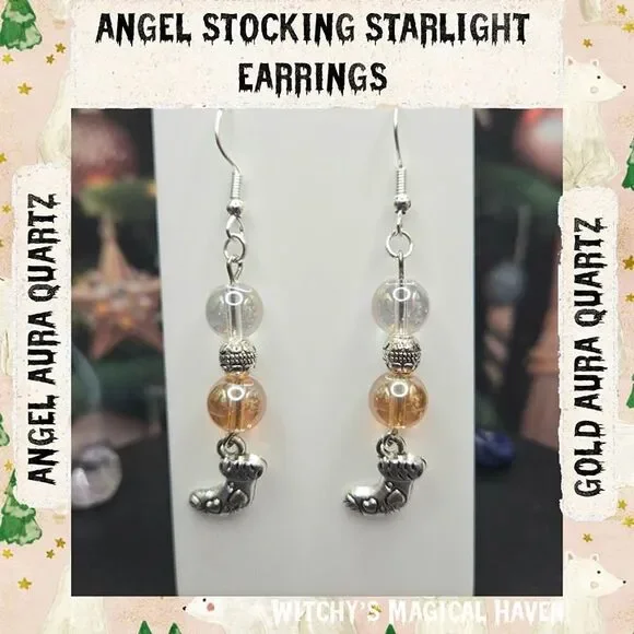 Angel and Gold Aura Quartz Gemstone Stocking Charm Festive Earrings