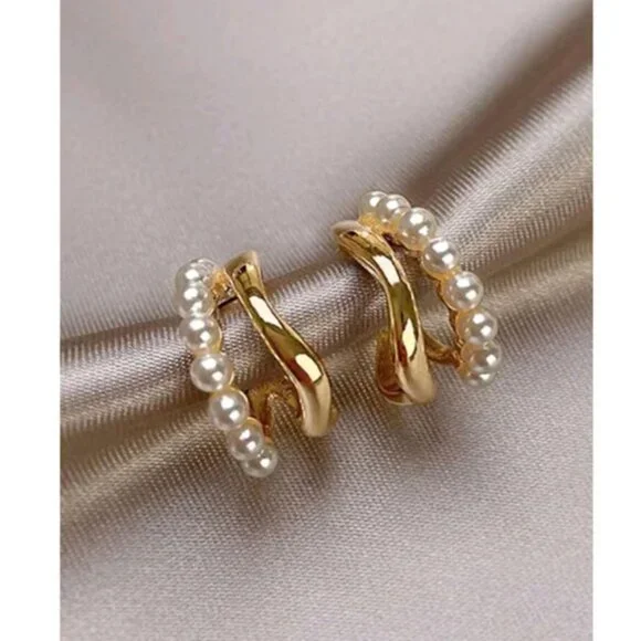 Anthropologie Classy Pearl Stud Half Hoop Earrings