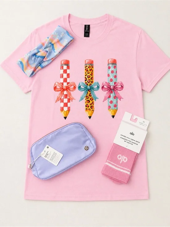 NEW Pencil Bow Graphic Tee Bundle | Size Small | Alo Socks | Lululemon Pouch