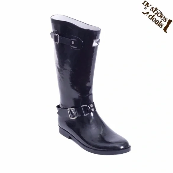 Women Rubber Rain Boots, Rider Style w/ Buckle Black Rainboots