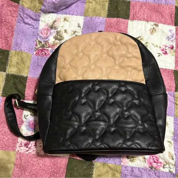 Betsey Johnson Black and‎ Tan Quilted Heart Backpack
