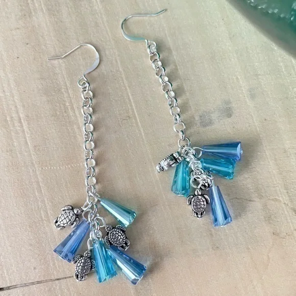 2/$29 Light Blue Swarovski Crystal Mini Metal Turtle Dangle Earrings 3” Women’s