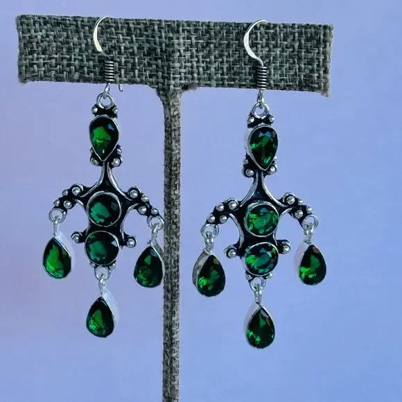 925 Sterling Green Quartz Chandelier Dangle Earrings