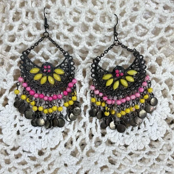 Dangle Hook Chandelier Earrings Boho Filigree Bead Pink Yellow Black Drop