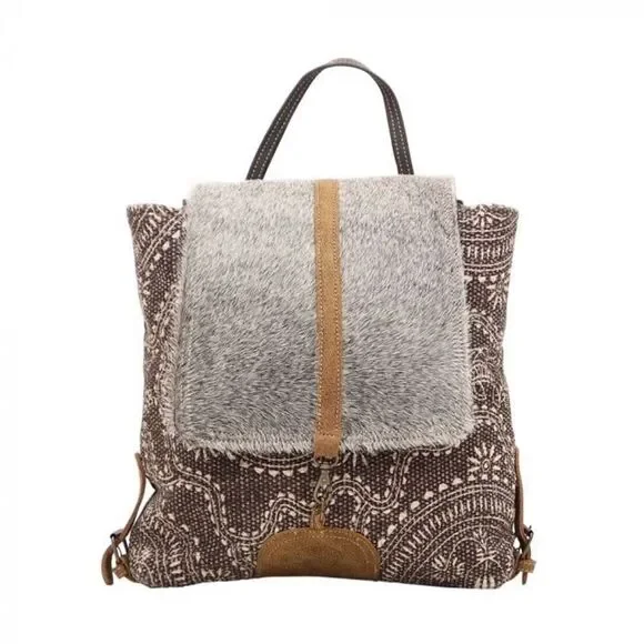 Myra Bag Handmade Stygian Backpack Upcycled Canvas & Cowhide Leather