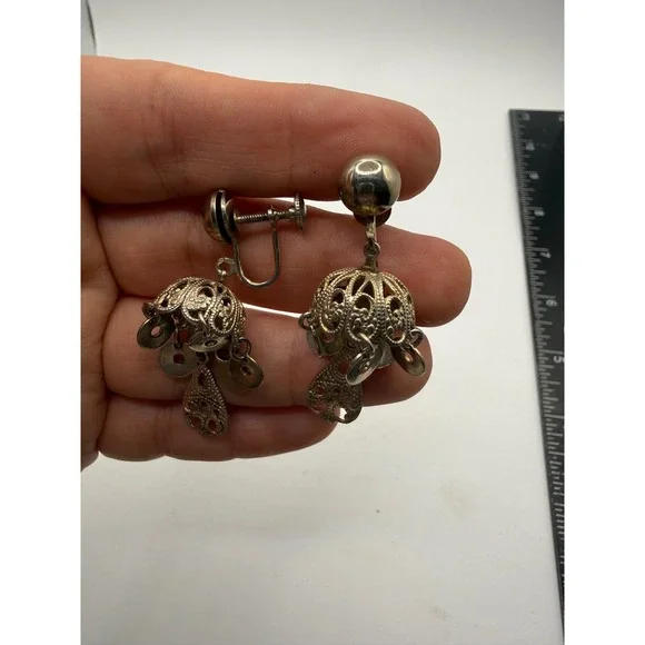 Vintage Silver Tone Filigree Cage Drop Earrings Screw Back Dangle Jhumka Style