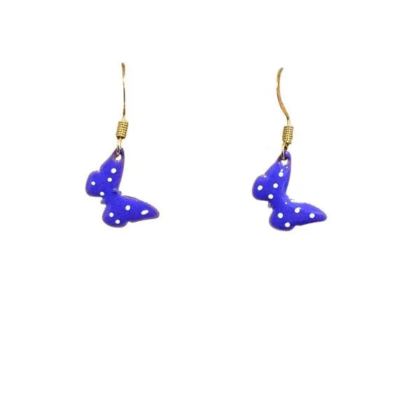 Enamel Purple Polk a Dot Butterfly Charm 10kt Gold Earrings #2230