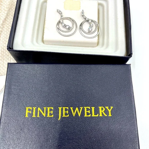 Vintage Sterling Silver Double Hoop Earrings with CZ Accents, Rhodium Plated