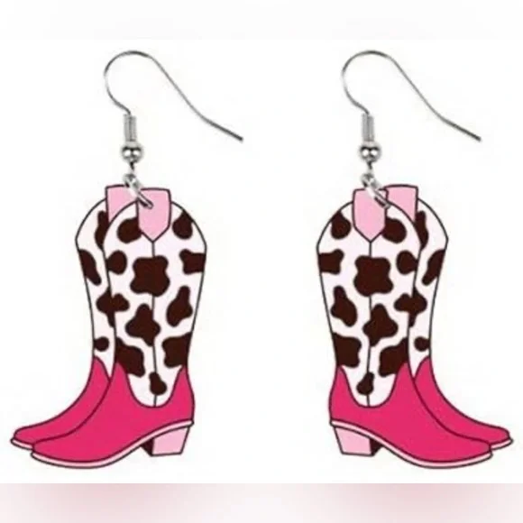 NWT - Pink Cowboy Boots with Cow Print Acrylic Dangle Single Sided Earrings