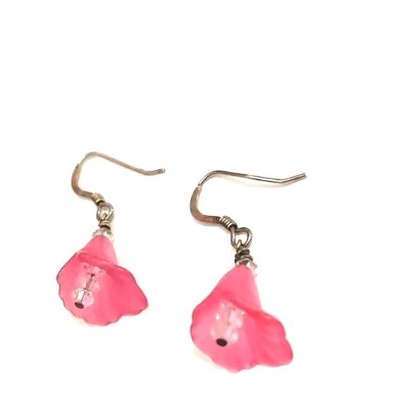 VINTAGE STERLING SILVER PINK FLORAL CRYSTAL DROP DANGLE 1
