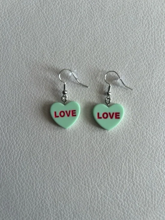 Conversation Hearts LOVE Drop Earrings in Mint Green with Pink Lettering