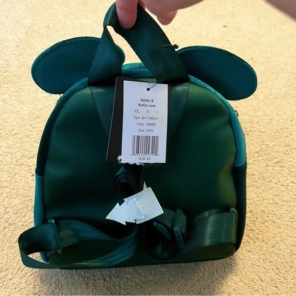 NWT Disney Minnie Mouse Green Velvet Ear Backpack with Shimmery Bow