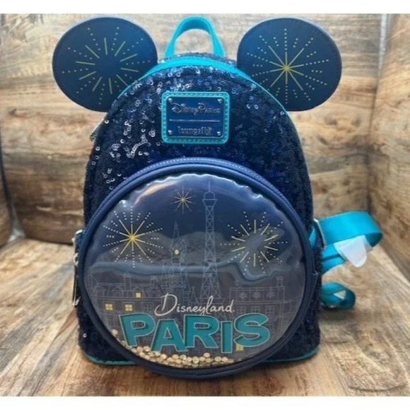 Loungefly Disneyland Paris Mickey Minnie Blue Sequin Mini Backpack Bonjour! NWT