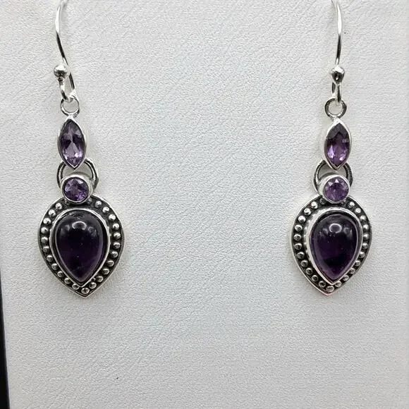 Sterling Silver Amethyst Dangle Earrings 925 Southwestern French Wire Purple