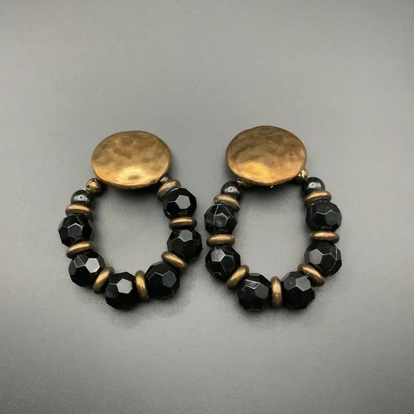 Vintage Gold Tone and Black Beaded Clip On Earrings Adjustable