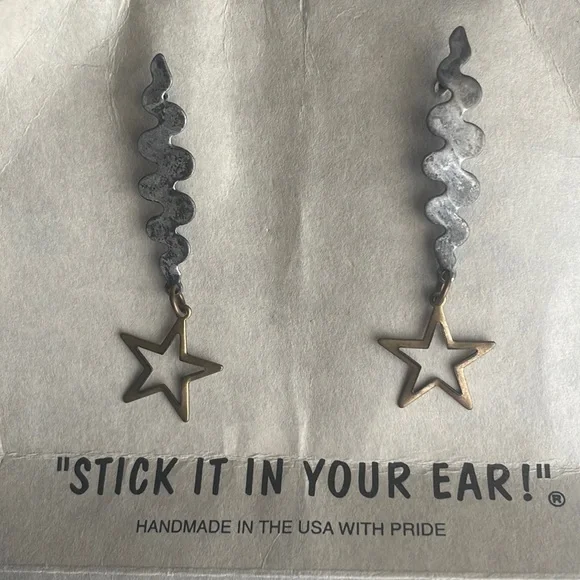 star earrings dangle pierced ears handcrafted sterling silver Antiqued brass