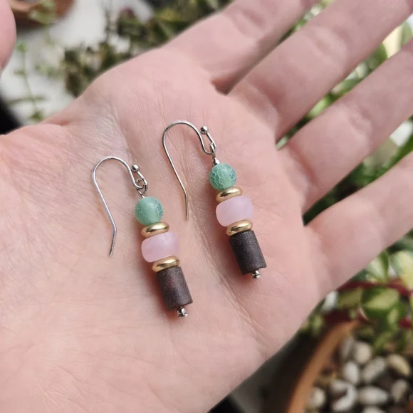 Vintage Pair of Glass & Stone Pink & Green Gemstone Drop Hook Earrings