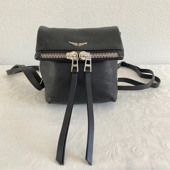 Black Leather Mini Backpack with Silver Details