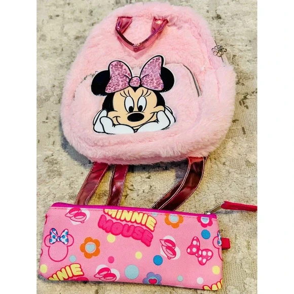 Kids‎ Pink Minnie Mouse Fluffy Backpack & Pencil Case Set