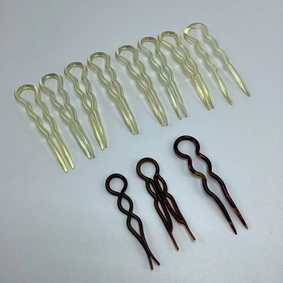 Vintage‎ Lot of 11 Plastic Celluloid U Shape Wavy French Hair Pins Clear, Brown