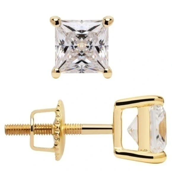 16k Yellow Gold Princess Cut Cubic Zirconia CZ Stud Earrings Unisex 1 CTW