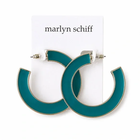 Marlyn Schiff Teal Enamel Hoop Earrings Gold Tone Statement Hoops NWT