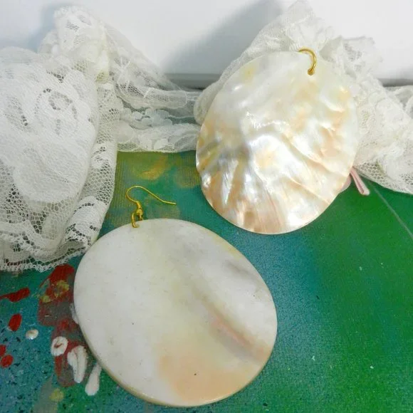 Large oval abalone medallion earrings ivory pearlescent drop and dangle pierced