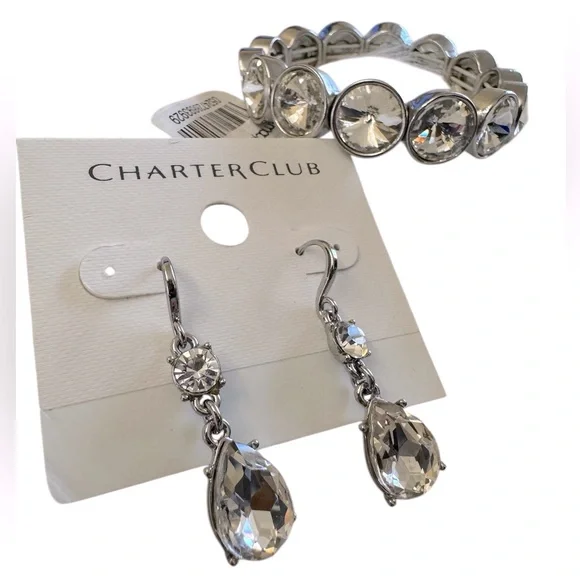 Charter Club Rhodium Clear Crystal Silver Tone Drop Earring Stretch Bracelet Set