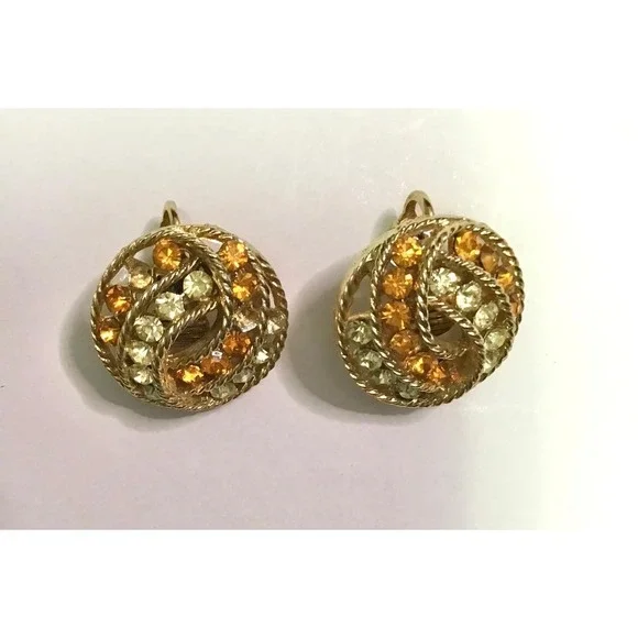 Vintage Weiss Amber Champagne Rhinestone Gold Tone Clip-On Earrings 1950's Retro