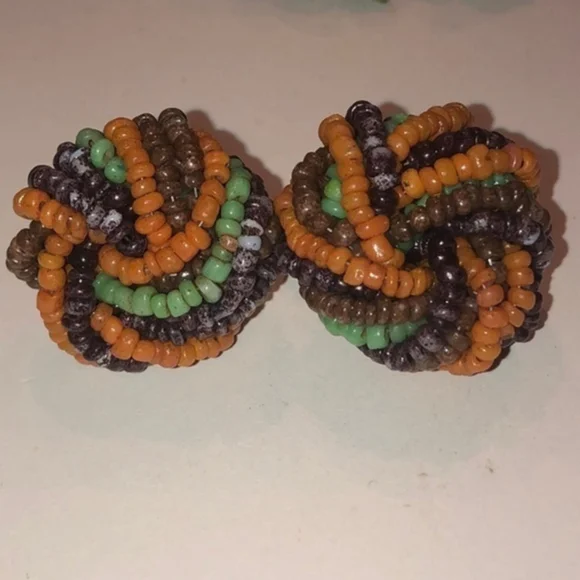 Vintage Round Seed Bead Neutral Tone Beaded Clip On Earrings