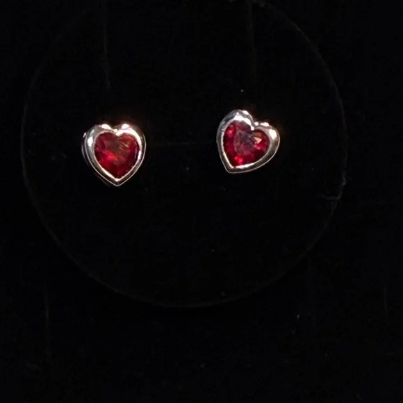 Sterling Silver Heart Stud Earrings with Lab Created Ruby Gemstones