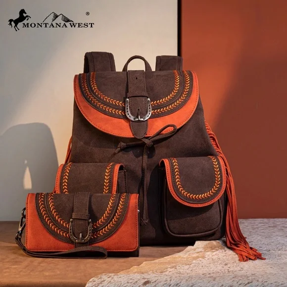 Montana West Fringe Buckle Collection Backpack Wallet Set- Coffee