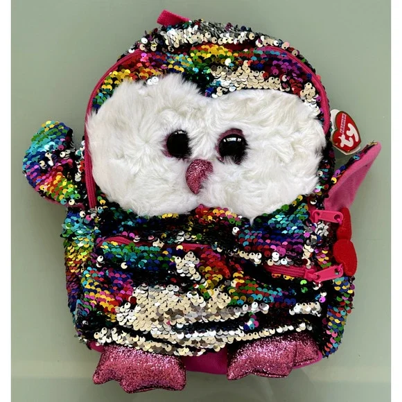 TY Flippables Sequin Owen the Owl Backpack for Kids, 10-in Tall