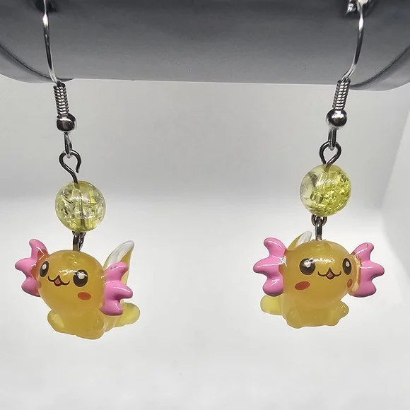 Cute Yellow Axolotl Earrings‎ - Handmade - Hypoallergenic (Dangle w/ hook)
