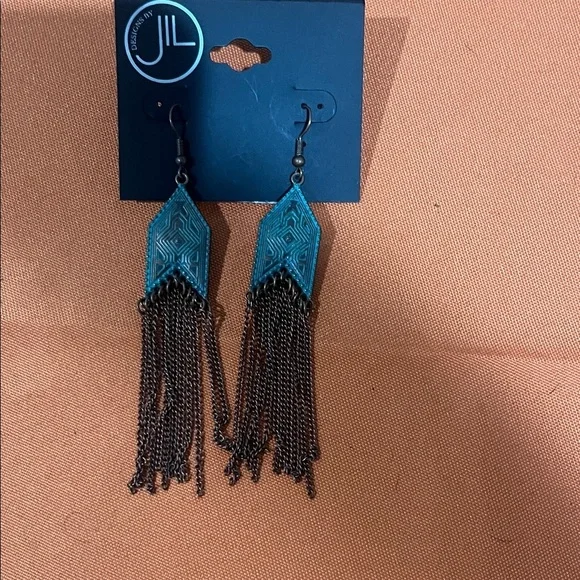 6/$25 Elegant Turquoise and Black Fringe Earrings